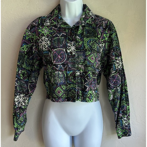 Banjo Tops - Vintage Banjo Dallas Cropped Button Up Top M Neon Maximalist Rave Grunge 80s 90s